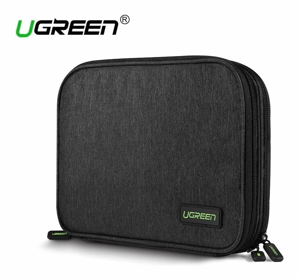 UGREEN 50147 Double Layer Electronic Accessories Organiser Travel Bag in grey, showcasing multiple compartments and elastic loops for organization.