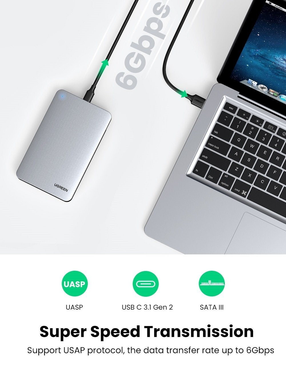 UGREEN 70498 USB C 2.5" Hard Drive Enclosure showcasing its sleek aluminum design and USB-C port.