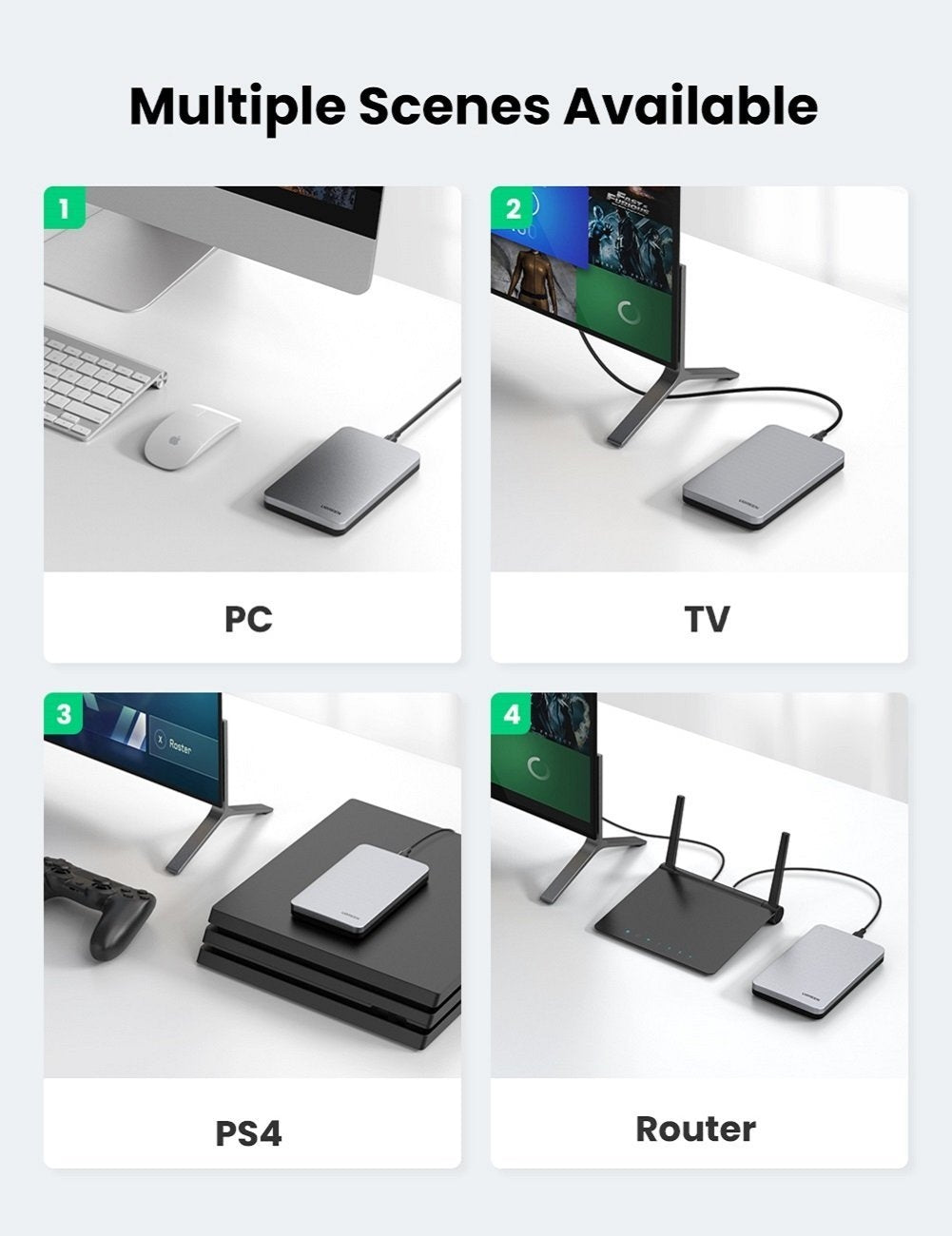UGREEN 70498 USB C 2.5" Hard Drive Enclosure showcasing its sleek aluminum design and USB-C port.