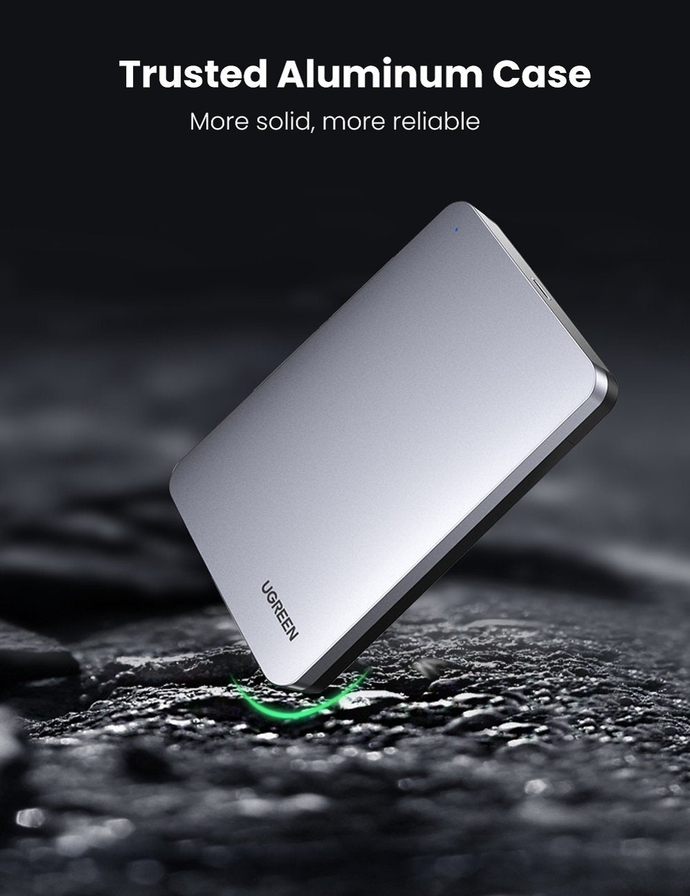 UGREEN 70498 USB C 2.5" Hard Drive Enclosure showcasing its sleek aluminum design and USB-C port.