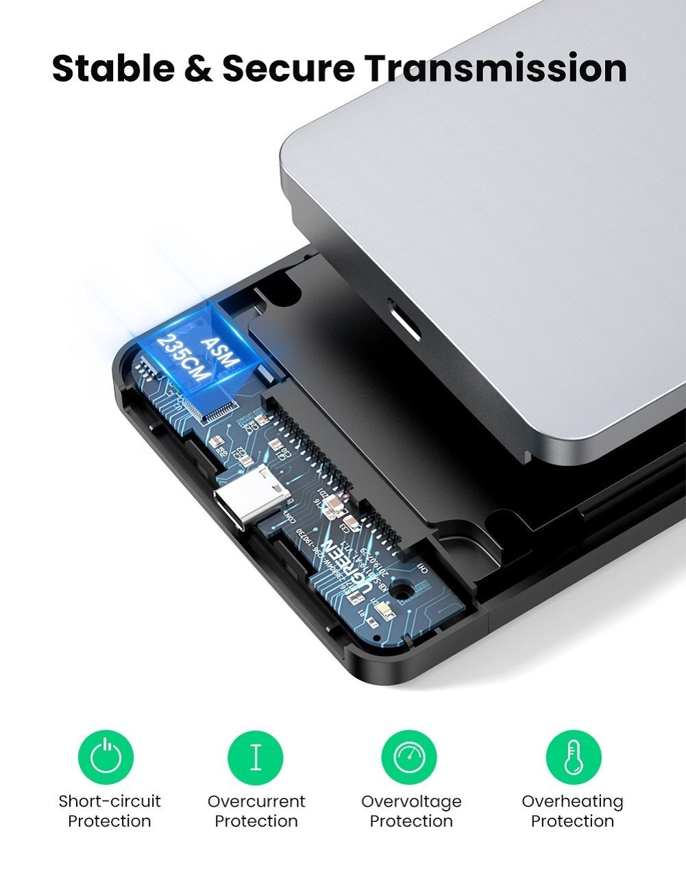 UGREEN 70498 USB C 2.5" Hard Drive Enclosure showcasing its sleek aluminum design and USB-C port.