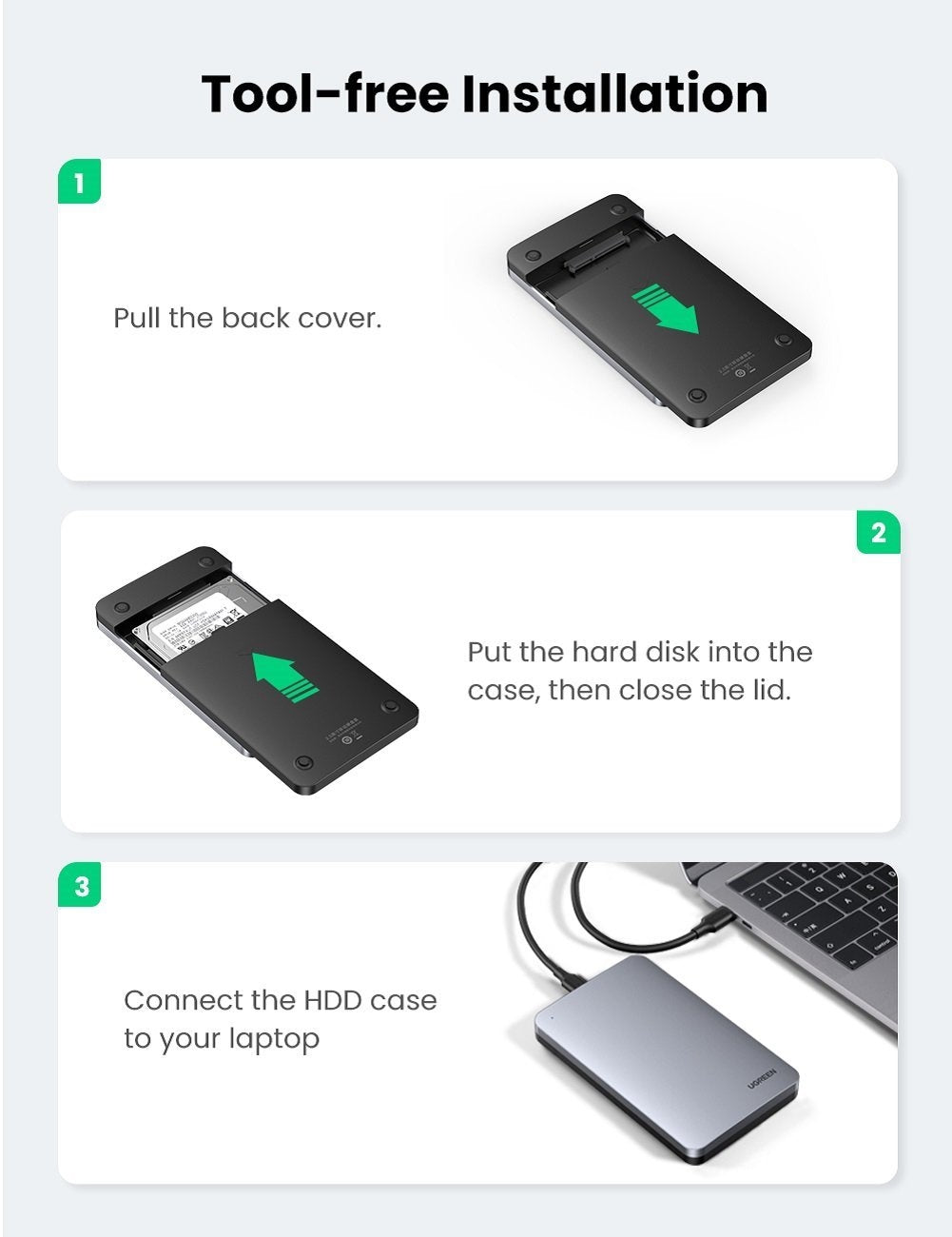 UGREEN 70498 USB C 2.5" Hard Drive Enclosure showcasing its sleek aluminum design and USB-C port.
