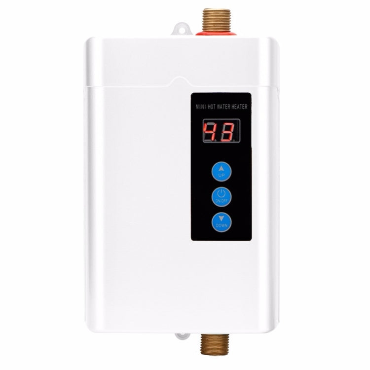 UK Plug 3000W Electric Water Heater with remote control, showcasing its sleek design and temperature display.