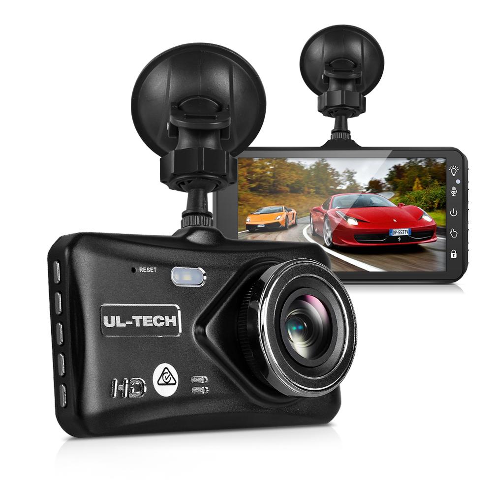 UL Tech 4 Inch Dual Camera Dash Camera in black, featuring a 4-inch HD LCD touch screen and dual camera setup for front and rear recording.
