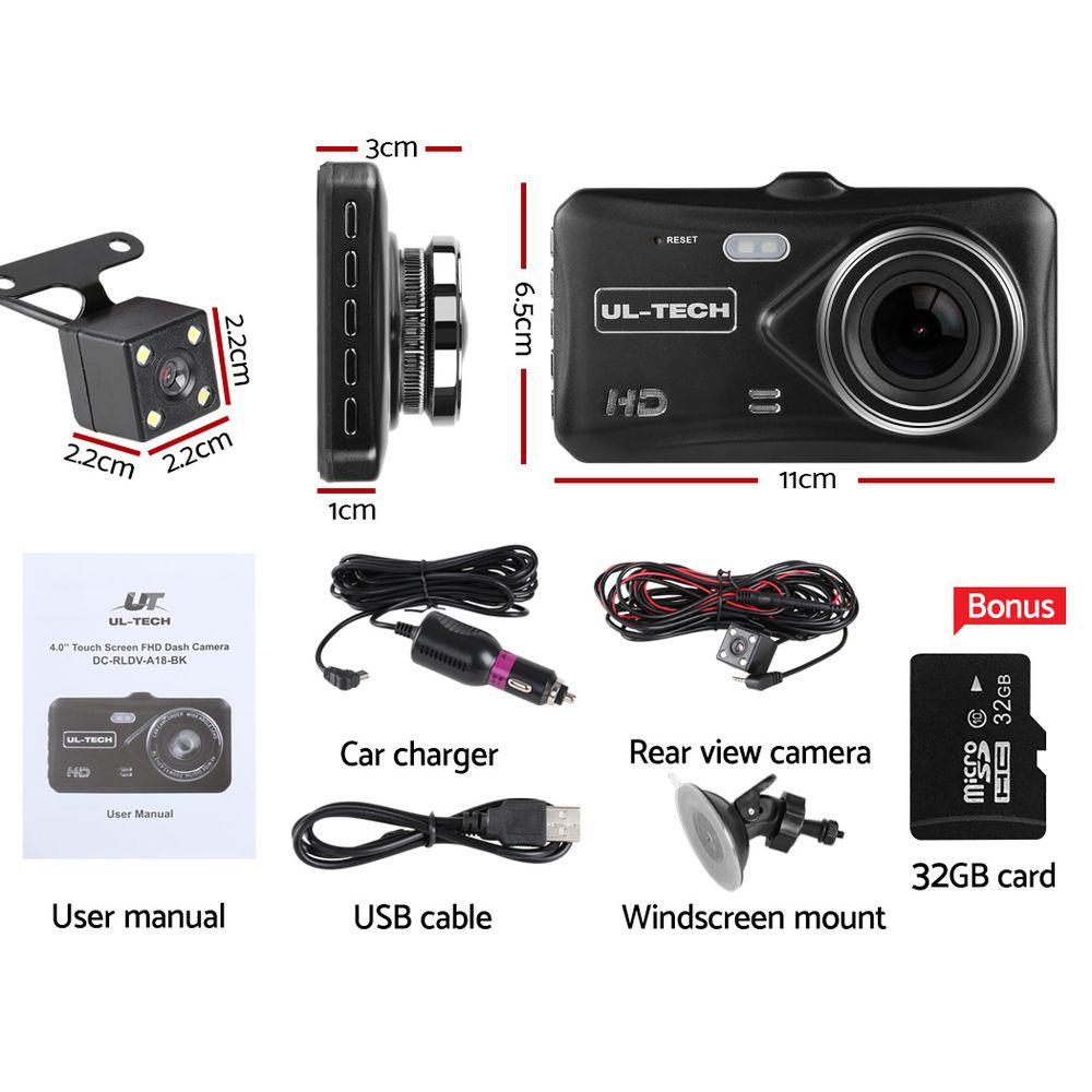 UL Tech 4 Inch Dual Camera Dash Camera in black, featuring a 4-inch HD LCD touch screen and dual camera setup for front and rear recording.