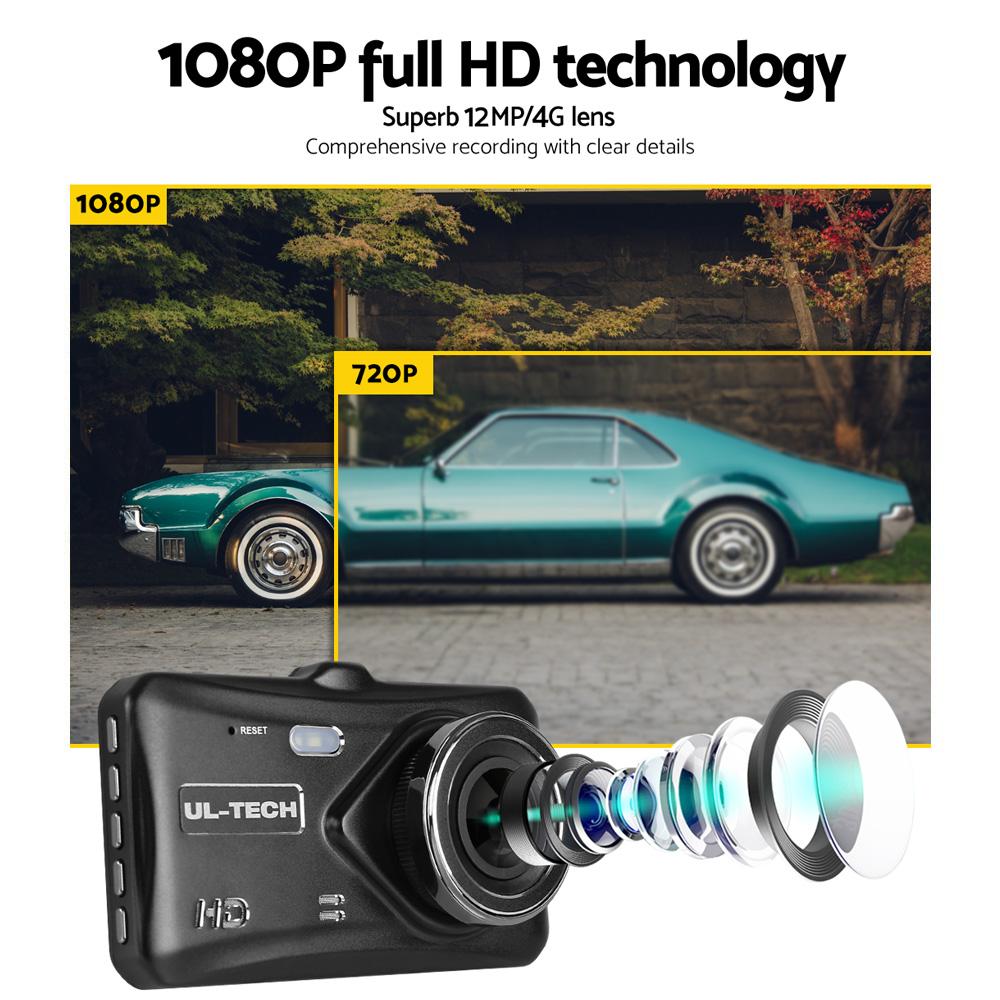 UL Tech 4 Inch Dual Camera Dash Camera in black, featuring a 4-inch HD LCD touch screen and dual camera setup for front and rear recording.