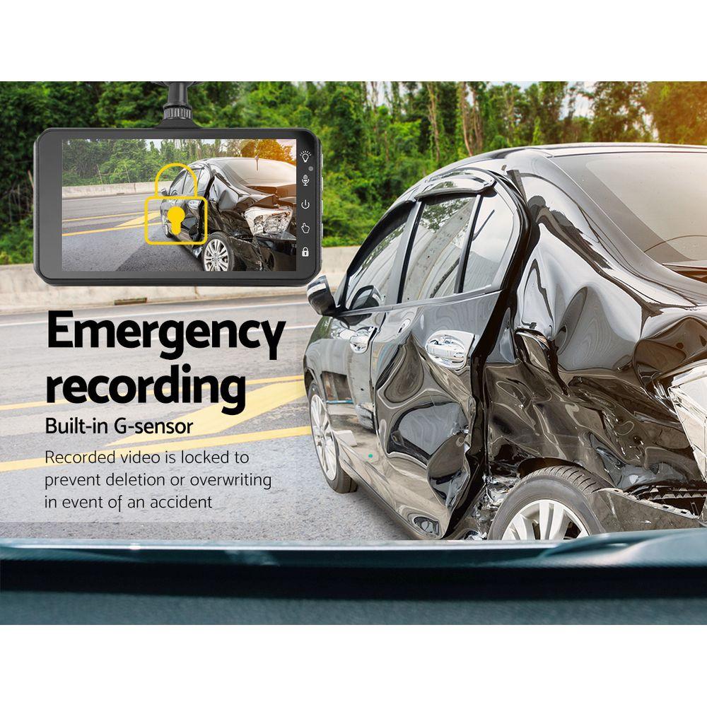 UL Tech 4 Inch Dual Camera Dash Camera in black, featuring a 4-inch HD LCD touch screen and dual camera setup for front and rear recording.