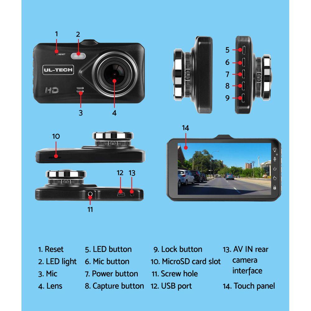 UL Tech 4 Inch Dual Camera Dash Camera in black, featuring a 4-inch HD LCD touch screen and dual camera setup for front and rear recording.