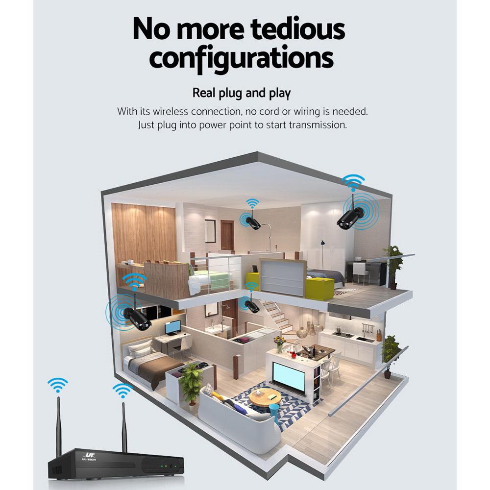 UL-tech CCTV Wireless Security Camera System with 8 channels and 6 cameras, showcasing high-definition video quality and advanced motion detection features.