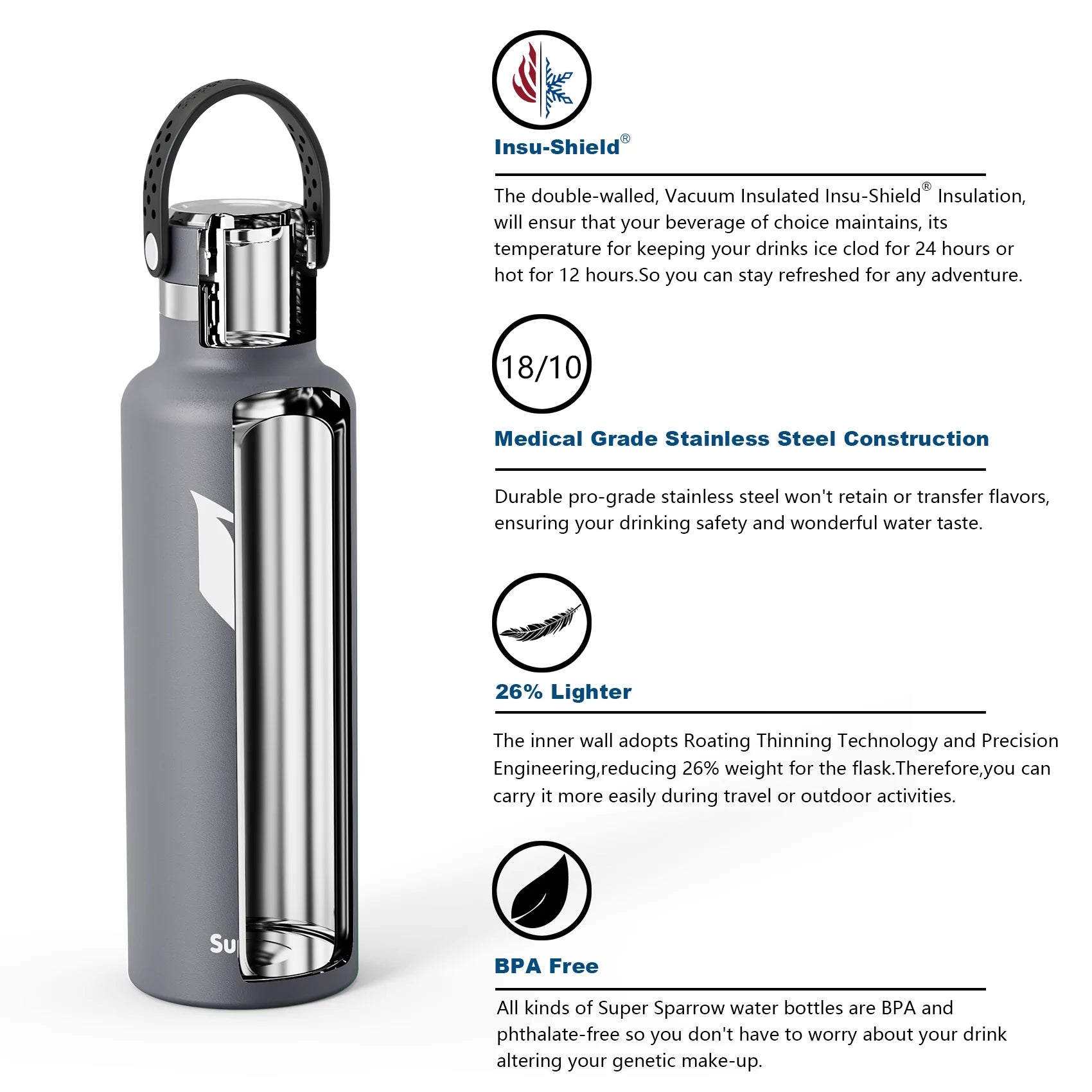 Ultra-Light Stainless Steel Water Bottle, 25OZ / 750ML, showcasing its sleek design and premium stainless steel finish.