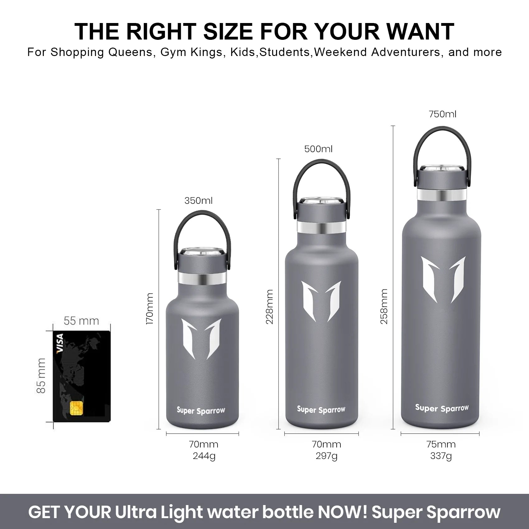 Ultra-Light Stainless Steel Water Bottle, 25OZ / 750ML, showcasing its sleek design and premium stainless steel finish.