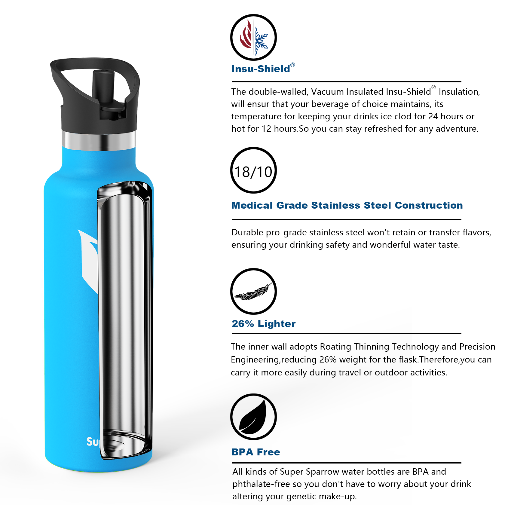 Ultra-Light Stainless Steel Water Bottle with Straw Lid, 25OZ, showcasing its sleek design and durable construction.