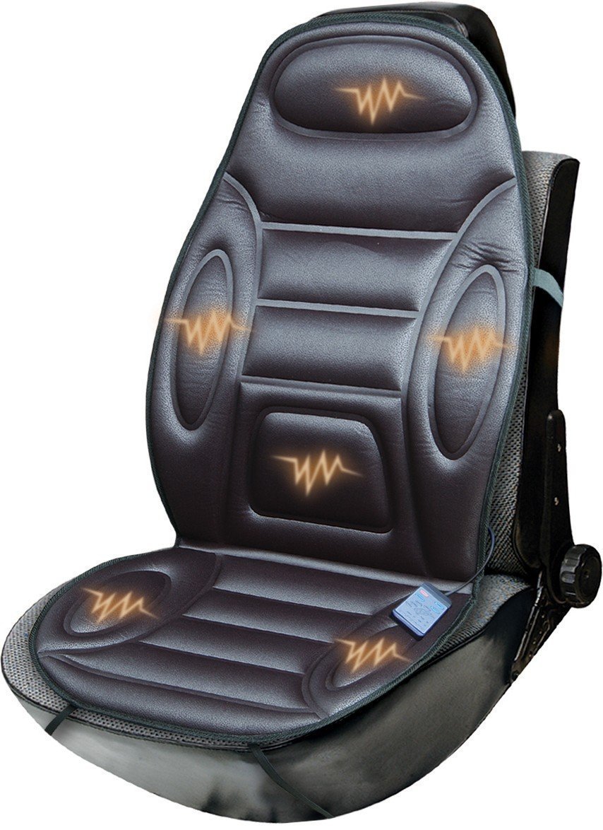 Universal Back Support Massage cushion in black with 6 motors and heating features, designed for upper and lower back relief.