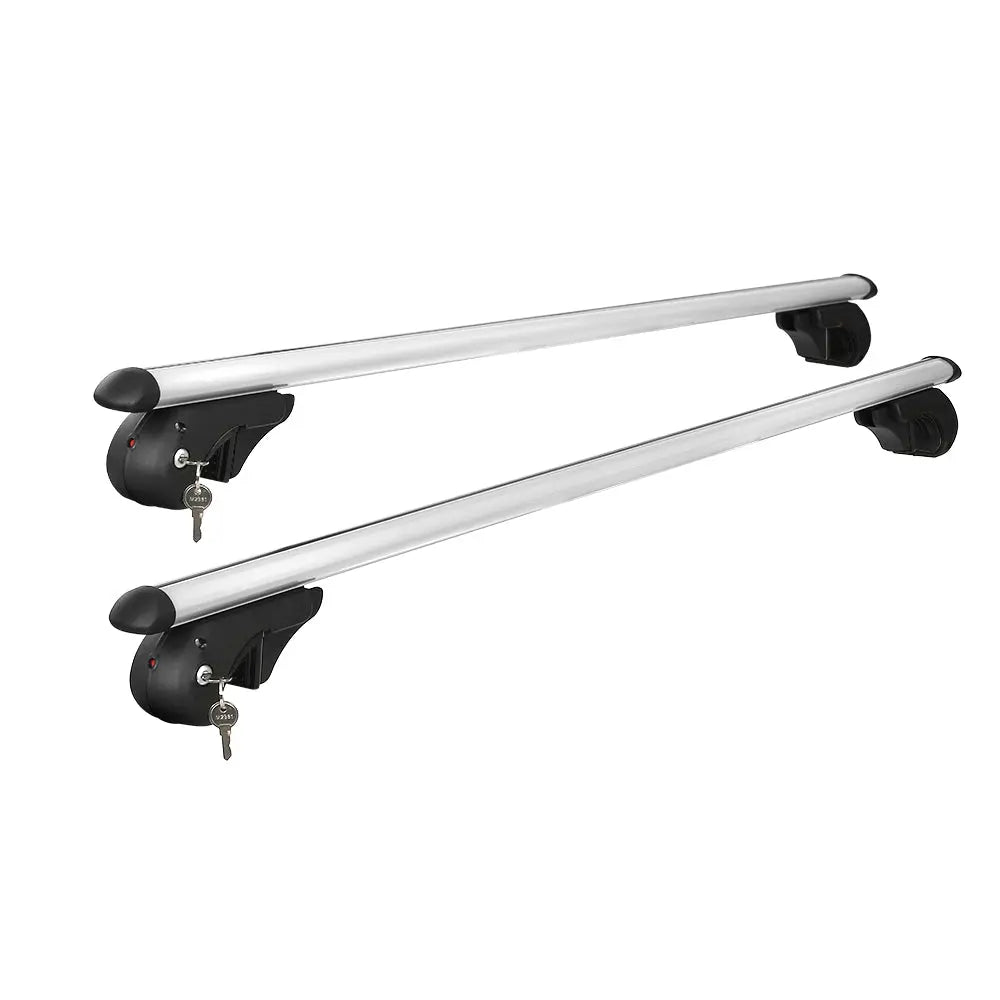 Universal Car Roof Rack 1200mm Cross Bars made of silver aircraft-grade aluminium, featuring adjustable width and anti-theft locking system.