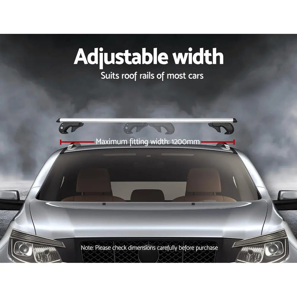 Universal Car Roof Rack 1200mm Cross Bars made of silver aircraft-grade aluminium, featuring adjustable width and anti-theft locking system.