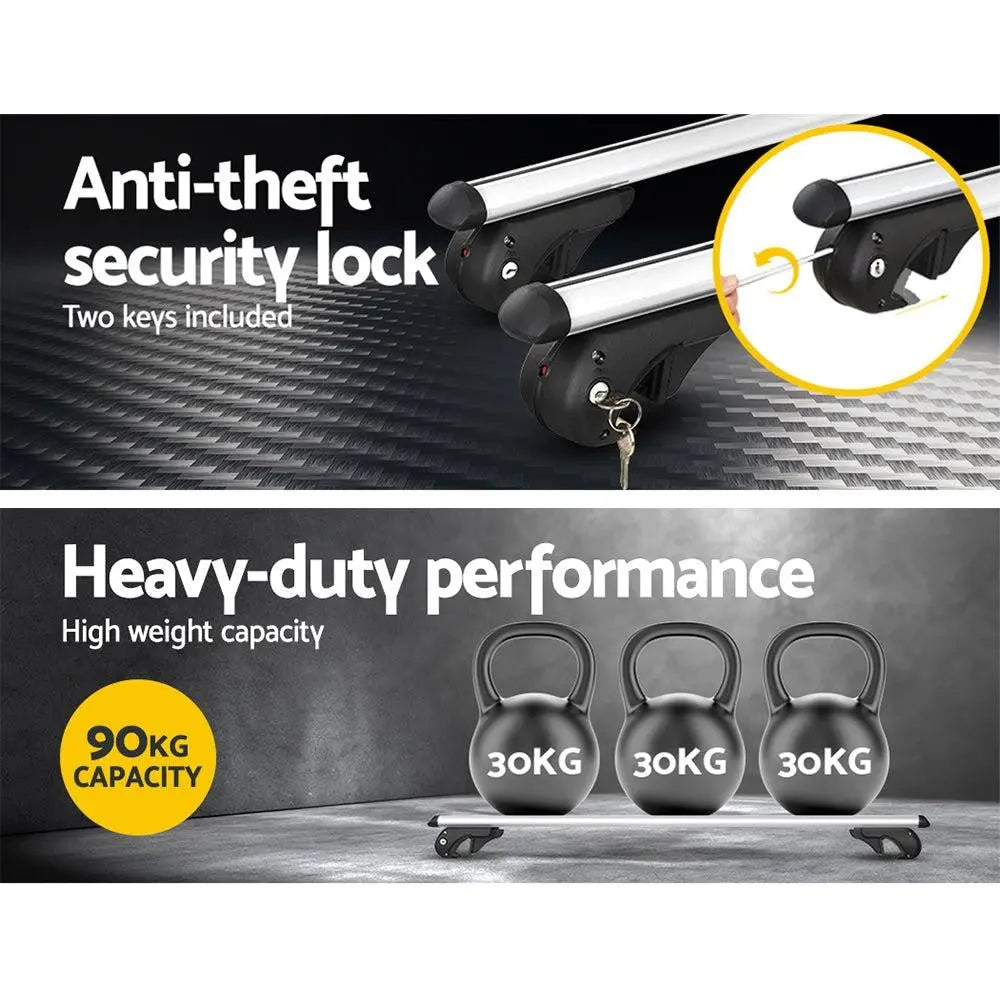 Universal Car Roof Rack 1200mm Cross Bars made of silver aircraft-grade aluminium, featuring adjustable width and anti-theft locking system.