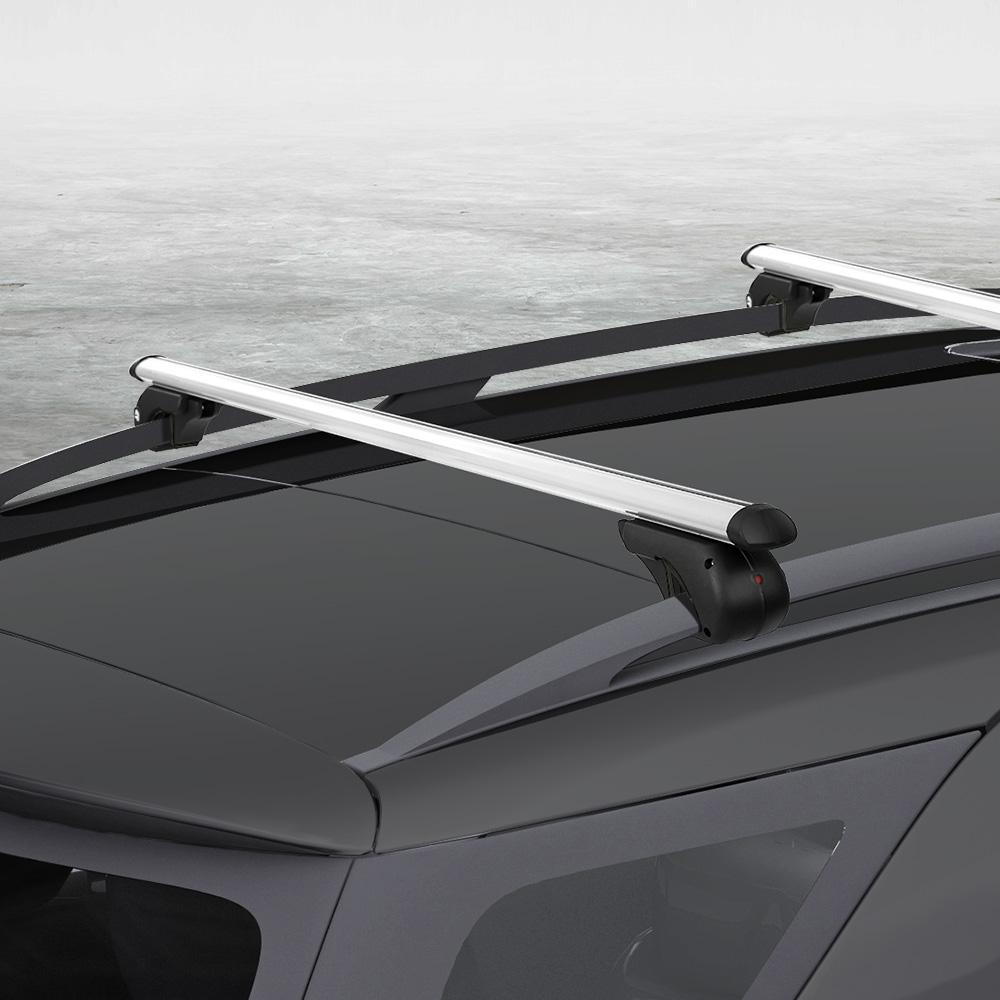 Universal Car Roof Rack 1200mm Cross Bars made of silver aircraft-grade aluminium, featuring adjustable width and anti-theft locking system.