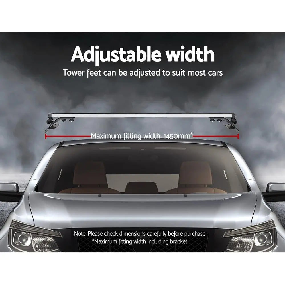 Universal Car Roof Rack with adjustable 1450mm cross bars, made of silver aircraft-grade aluminium, designed for bare-roof vehicles.