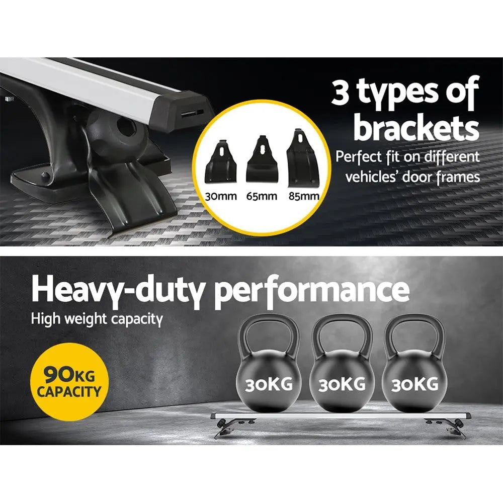 Universal Car Roof Rack with adjustable 1450mm cross bars, made of silver aircraft-grade aluminium, designed for bare-roof vehicles.