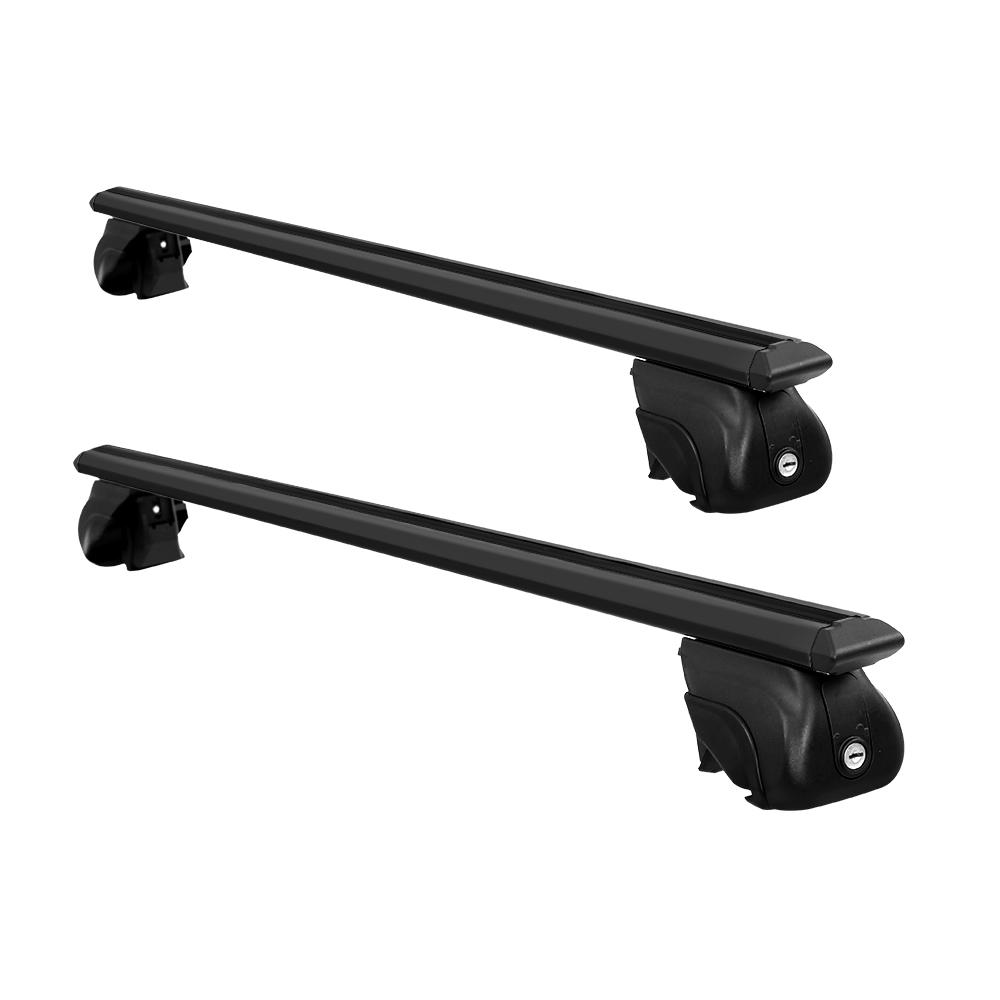 Universal Car Roof Rack Aluminium Cross Bars in black, adjustable width, designed for medium-sized vehicles with raised roof rails.
