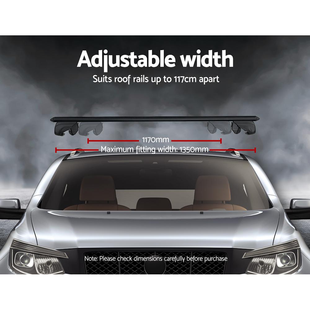 Universal Car Roof Rack Aluminium Cross Bars in black, adjustable width, designed for medium-sized vehicles with raised roof rails.