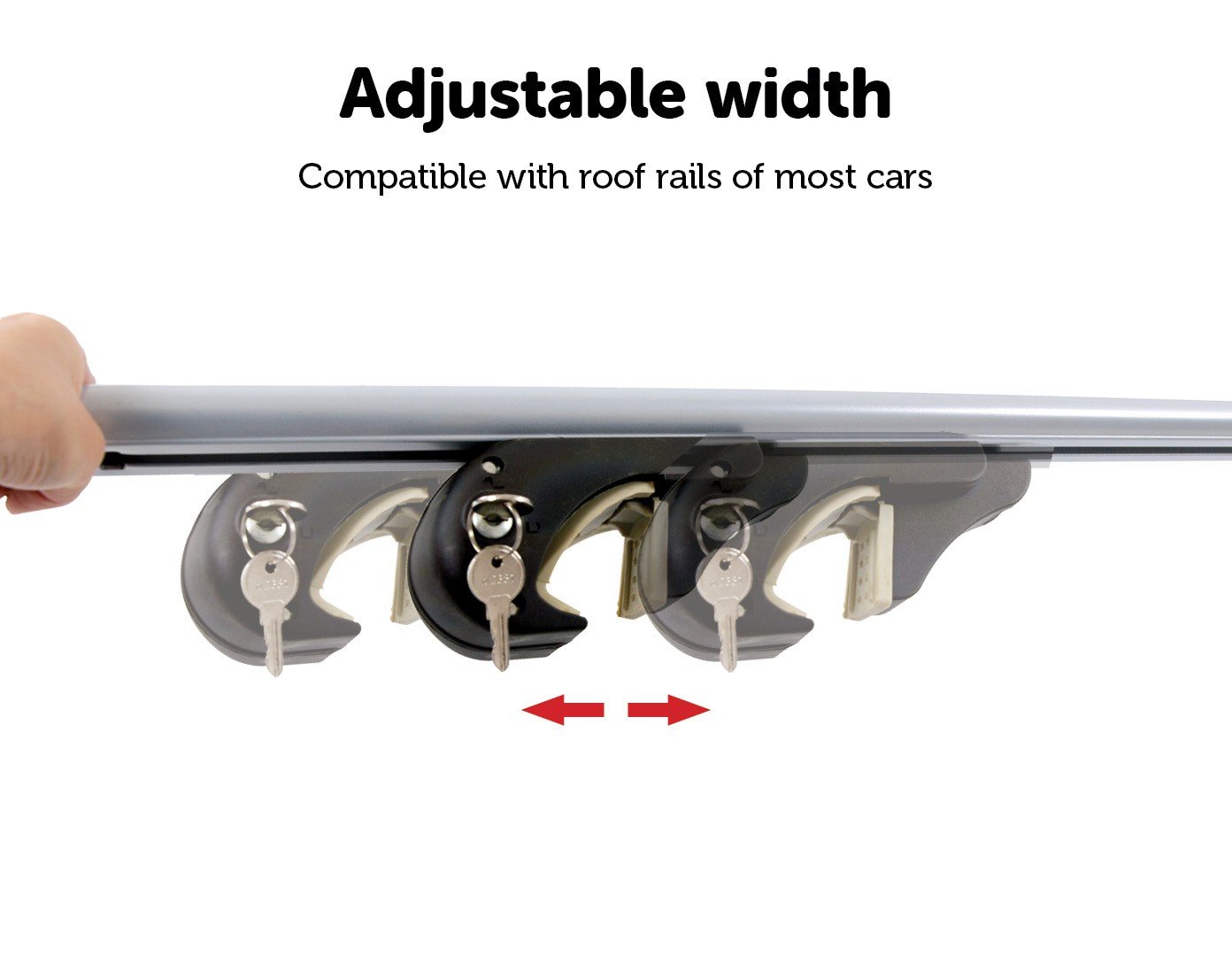 Universal Car Top Roof Rail Rack Cross Bar made of aluminium, featuring a lockable design and adjustable width, suitable for various vehicles.