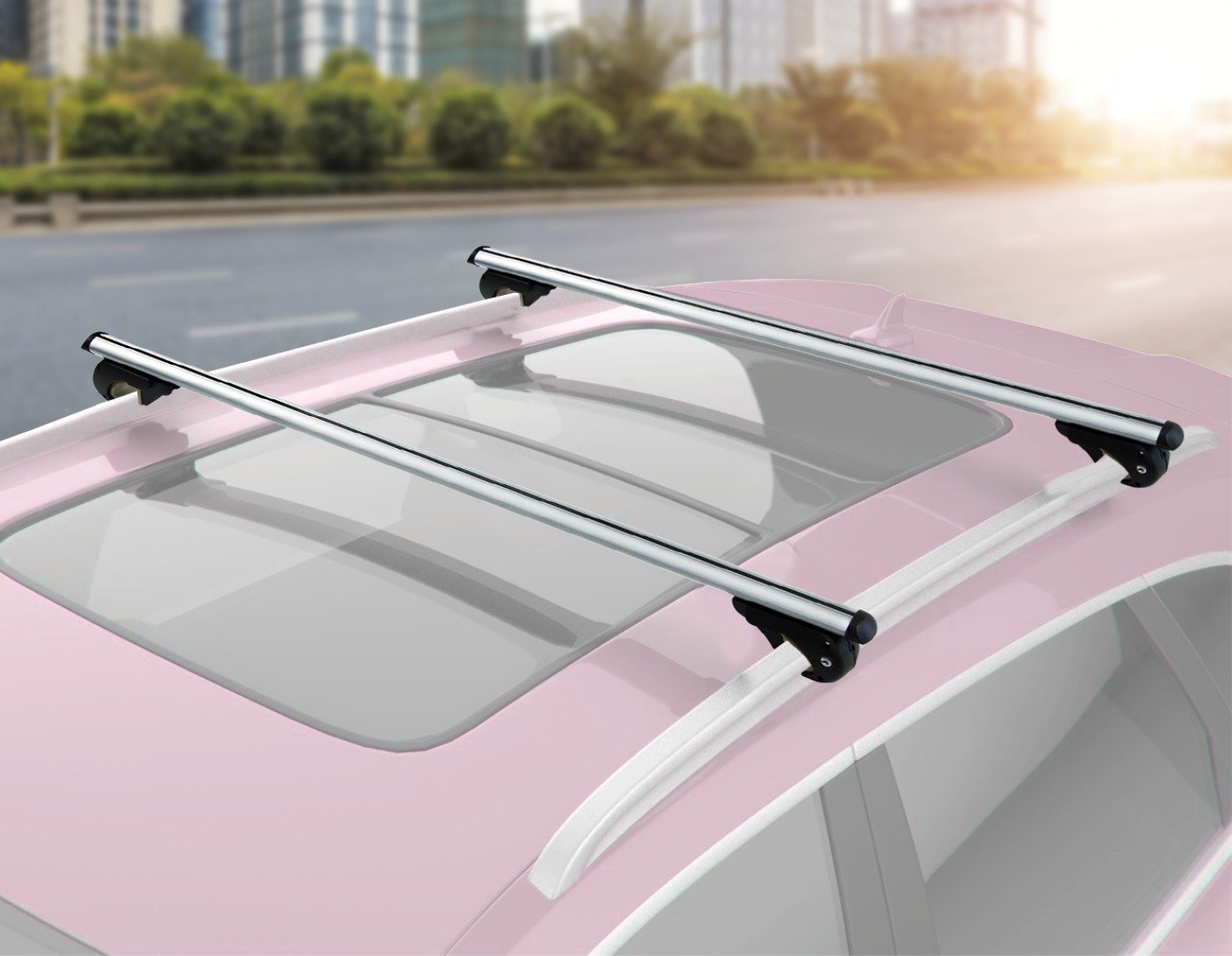 Universal Car Top Roof Rail Rack Cross Bar made of aluminium, featuring a lockable design and adjustable width, suitable for various vehicles.