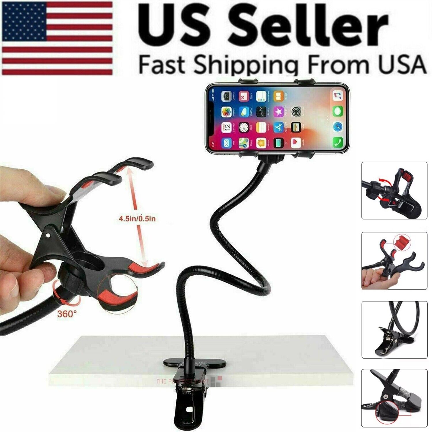 Universal Lazy Mobile Phone Gooseneck Stand Holder with flexible arm and sturdy clamp, designed for hands-free viewing of mobile devices.