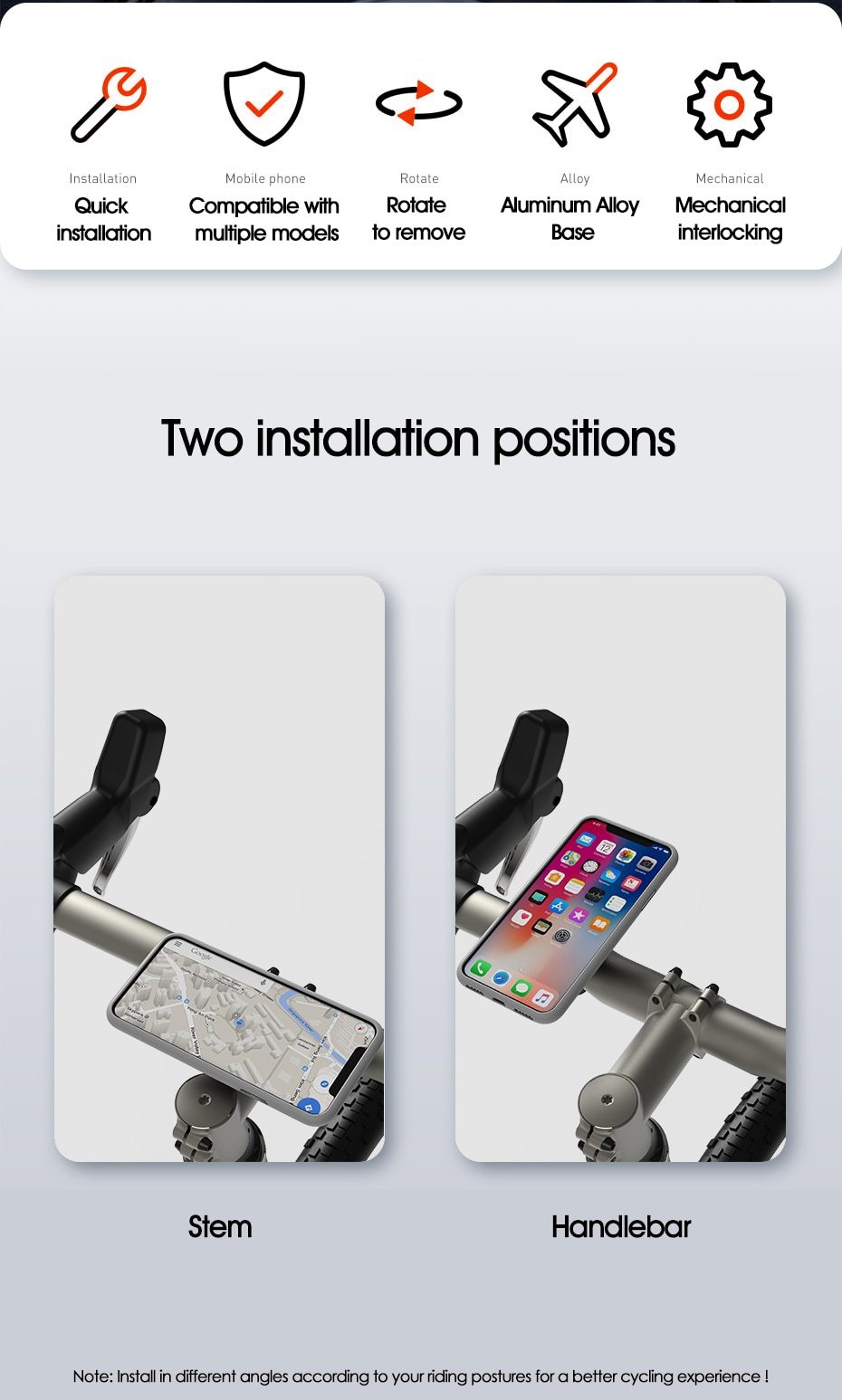 Universal Mountain Bike Phone Holder mounted on a bicycle handlebar, securely holding a smartphone in place during a ride.