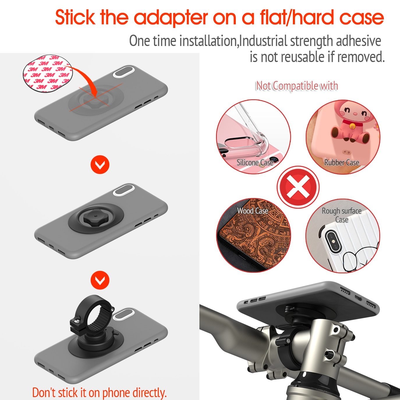 Universal Mountain Bike Phone Holder mounted on a bicycle handlebar, securely holding a smartphone in place during a ride.