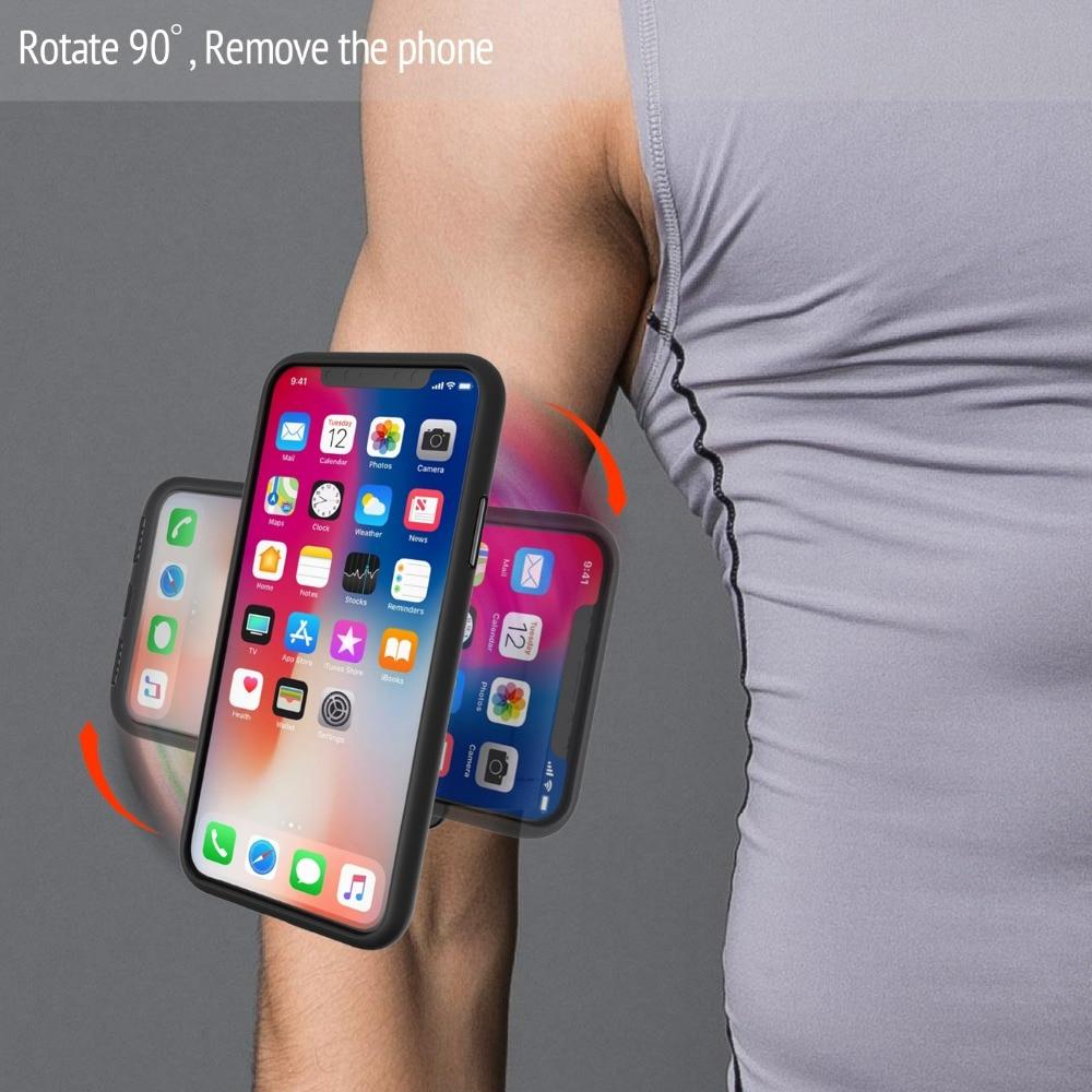Universal Running Armband holding a smartphone securely during a workout, showcasing its adjustable strap and quick mount feature.