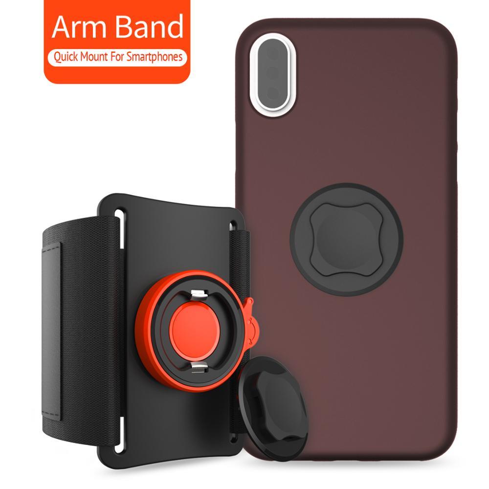 Universal Running Armband holding a smartphone securely during a workout, showcasing its adjustable strap and quick mount feature.