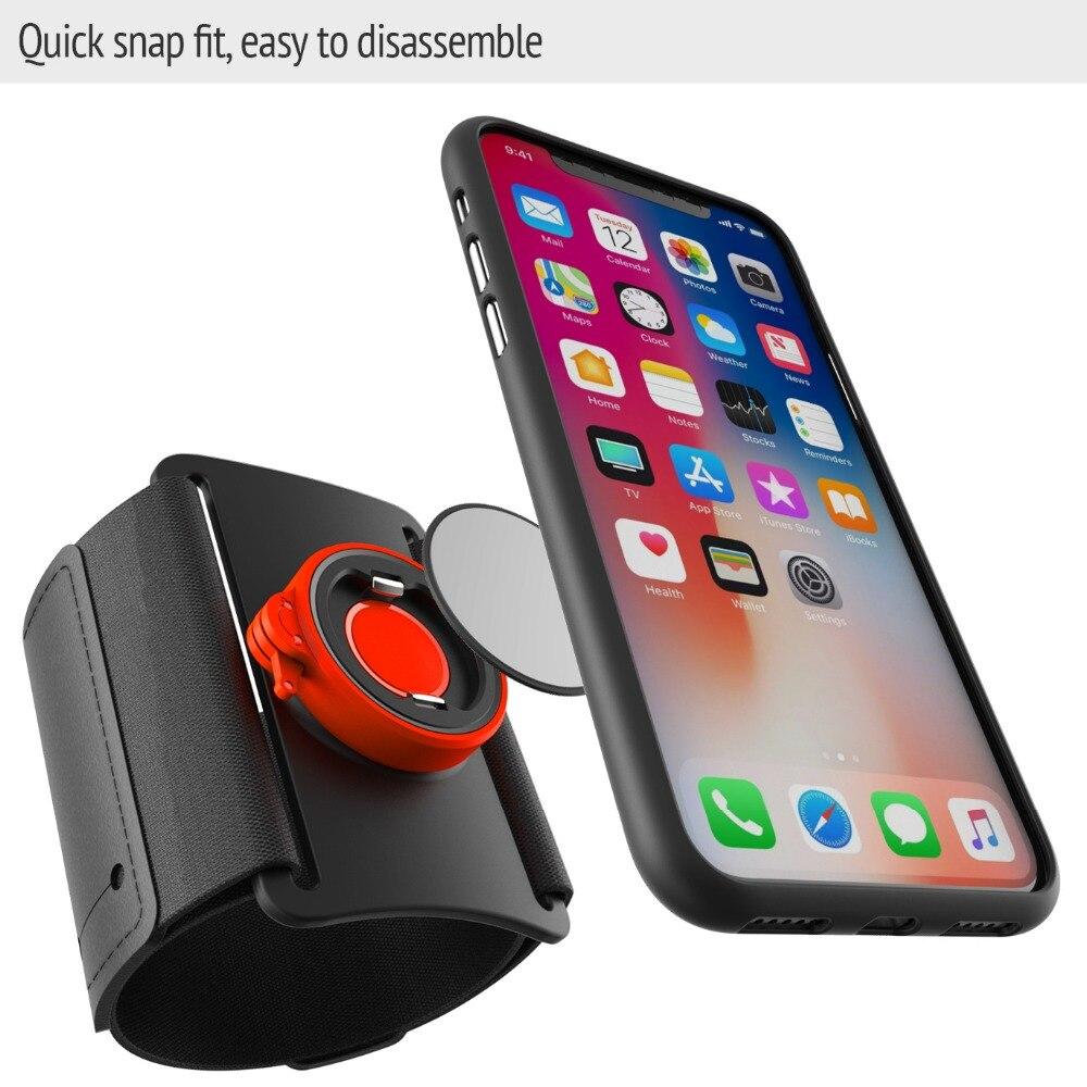 Universal Running Armband holding a smartphone securely during a workout, showcasing its adjustable strap and quick mount feature.