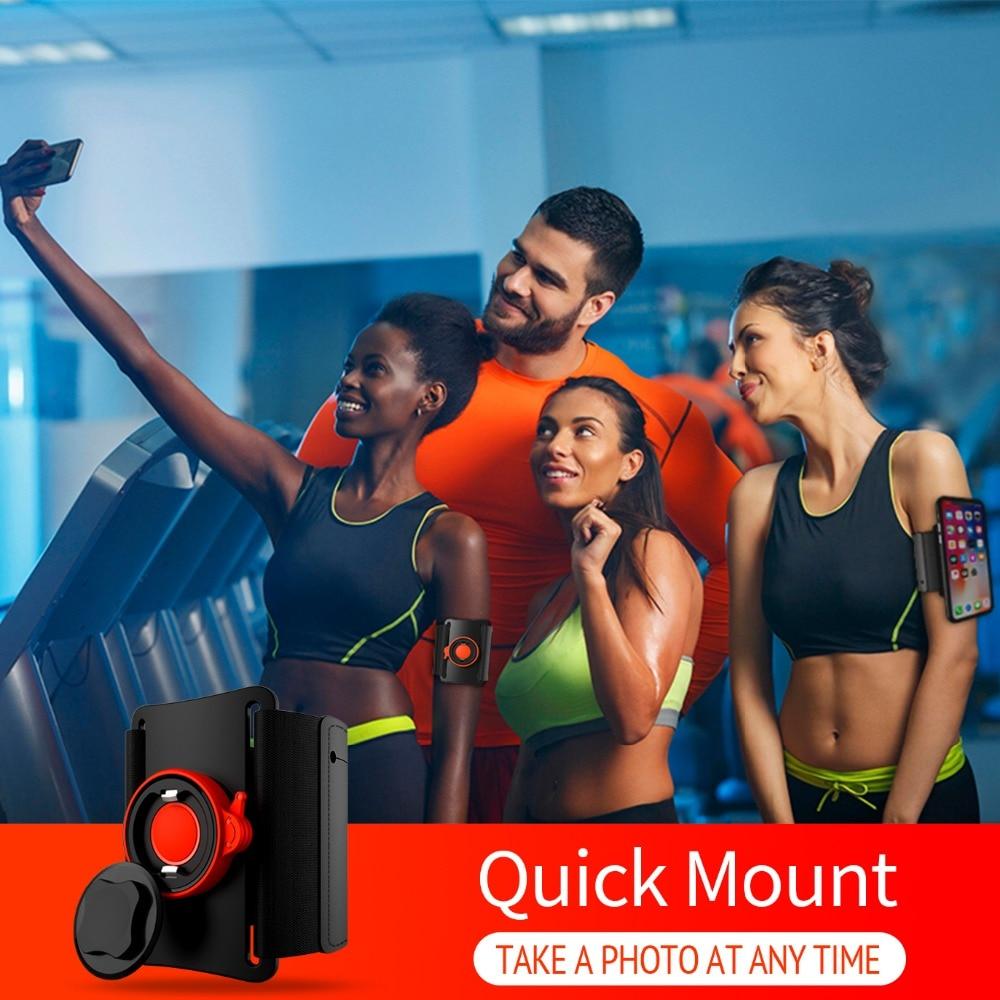 Universal Running Armband holding a smartphone securely during a workout, showcasing its adjustable strap and quick mount feature.