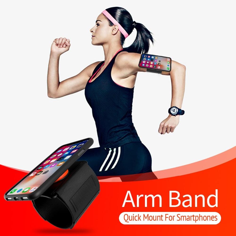 Universal Running Armband holding a smartphone securely during a workout, showcasing its adjustable strap and quick mount feature.