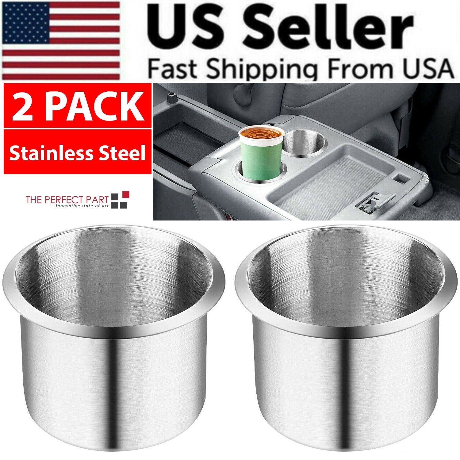 Universal Stainless Steel Cup Drink Holders designed for cars, boats, trucks, and RVs, showcasing durable and stylish construction.