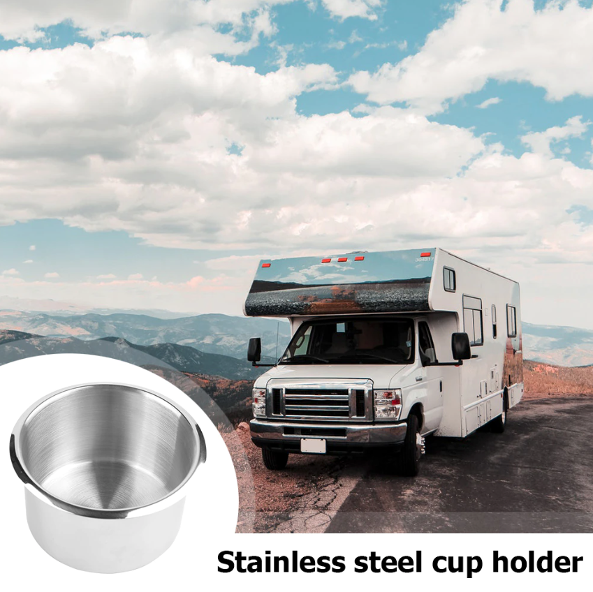 Universal Stainless Steel Cup Drink Holders designed for cars, boats, trucks, and RVs, showcasing durable and stylish construction.