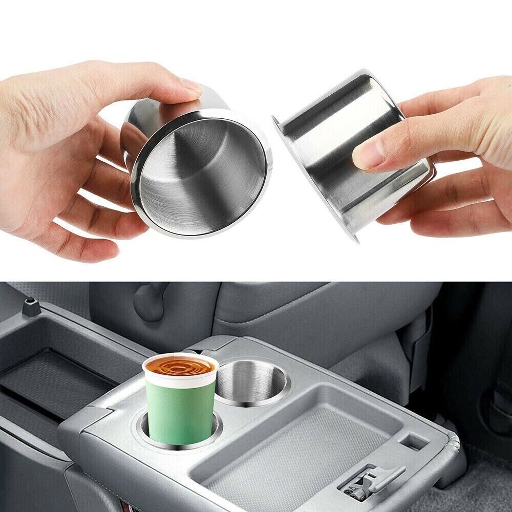 Universal Stainless Steel Cup Drink Holders designed for cars, boats, trucks, and RVs, showcasing durable and stylish construction.