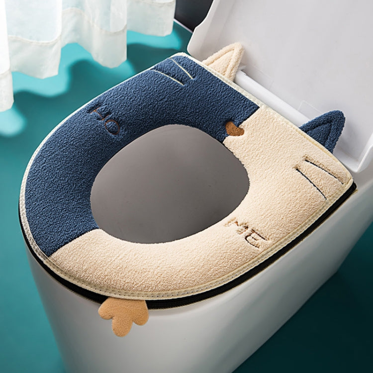 Universal Warm Toilet Seat Cover in Deep Blue and White, featuring a soft suede texture and cute cartoon kitty design.