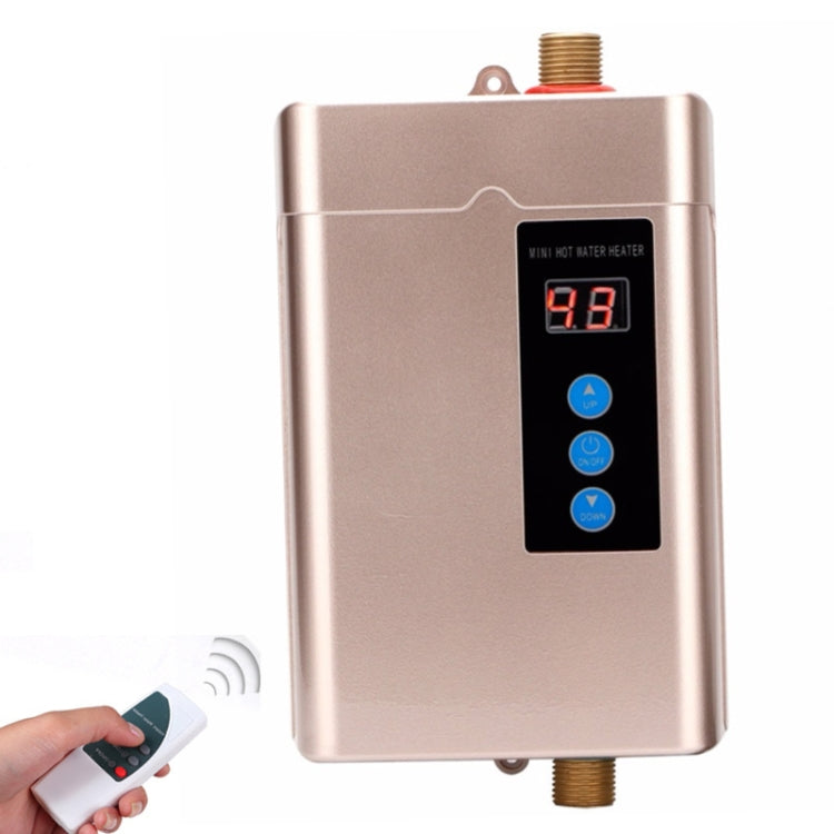 US Plug 3000W Electric Water Heater with remote control and adjustable temperature settings, showcasing its sleek design and touch screen interface.