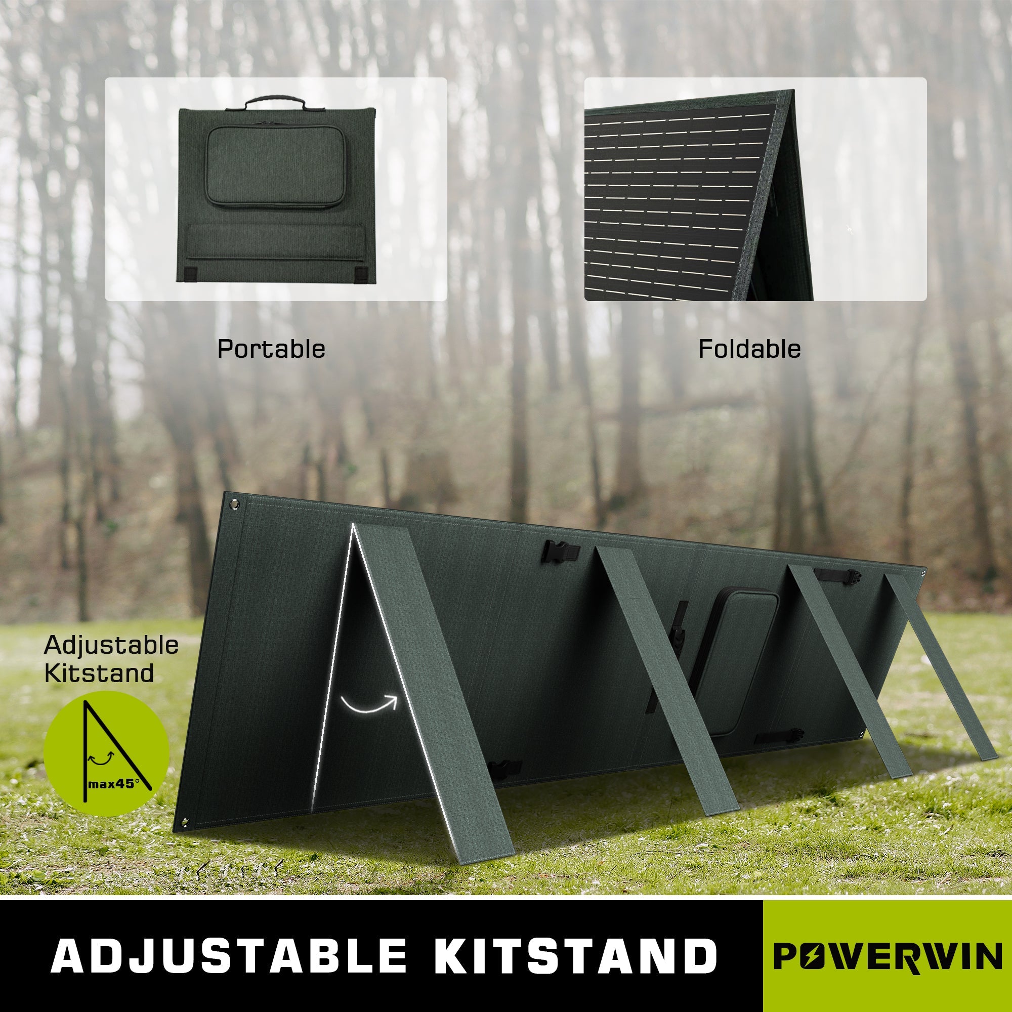 US POWERWIN 110W Foldable Solar Panel PWS110 with adjustable angle brackets, showcasing its portable and durable design for outdoor use.