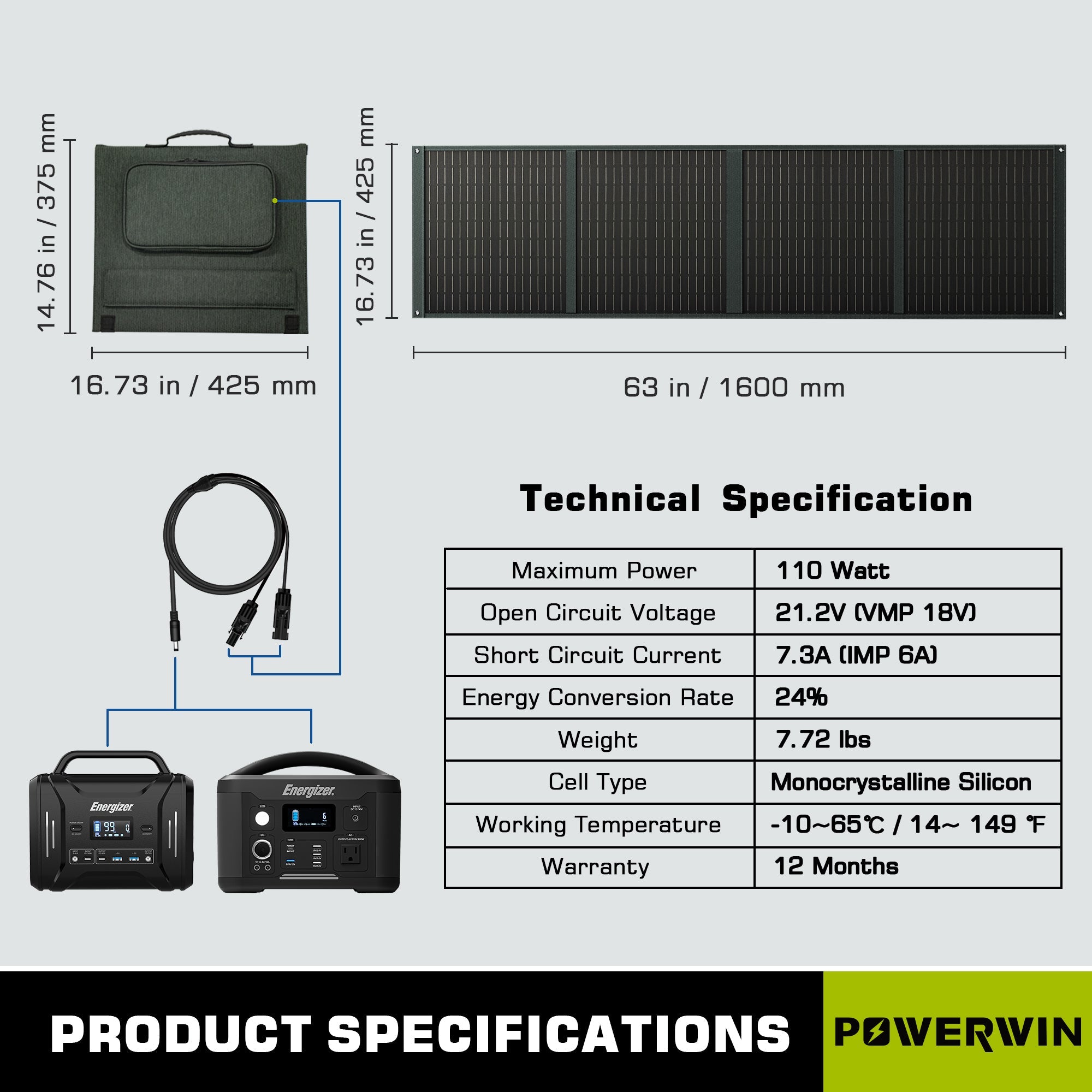 US POWERWIN 110W Foldable Solar Panel PWS110 with adjustable angle brackets, showcasing its portable and durable design for outdoor use.