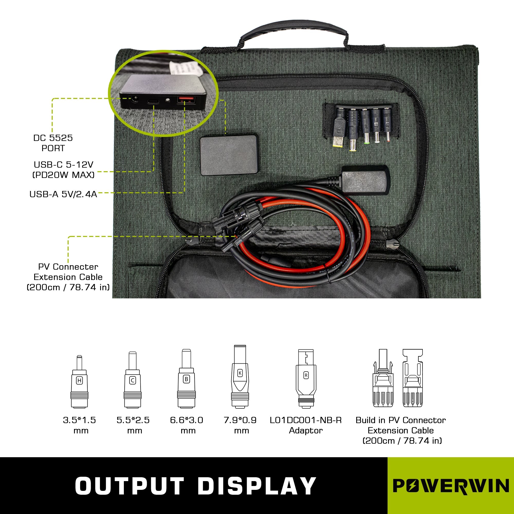 US POWERWIN 110W Foldable Solar Panel PWS110 with adjustable angle brackets, showcasing its portable and durable design for outdoor use.