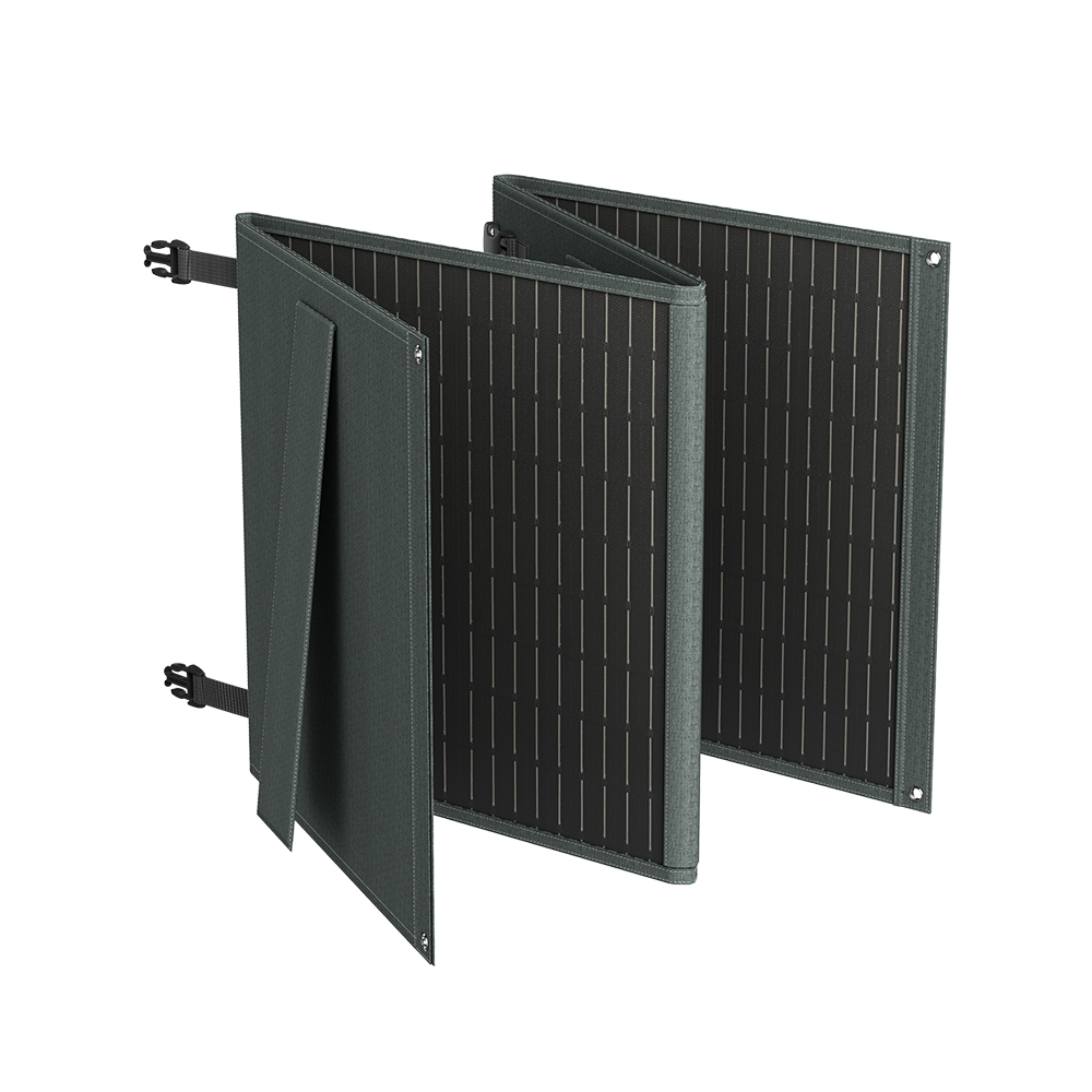 US POWERWIN foldable solar panel PWS110 110W, showcasing its portable design and adjustable angle brackets for optimal solar energy absorption.
