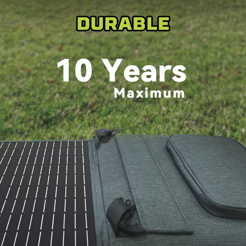 US POWERWIN foldable solar panel PWS110 110W, showcasing its portable design and adjustable angle brackets for optimal solar energy absorption.