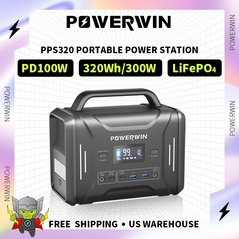 US POWERWIN Portable Power Station PPS320 with two AC outlets, USB ports, and a lightweight design for outdoor use.