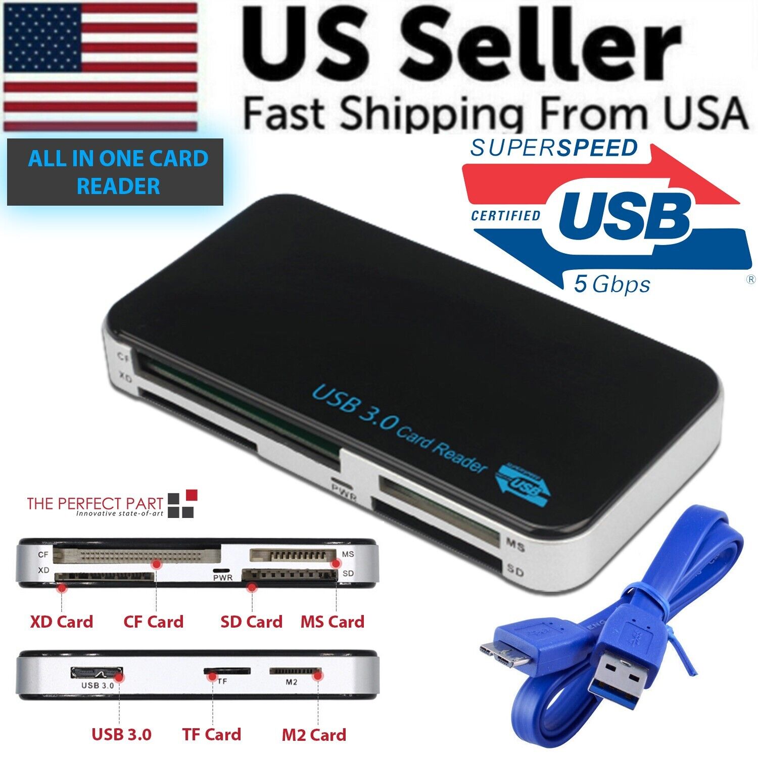 USB 3.0 Memory Card Reader Adapter with multiple card slots for CF, TF, SD, Micro SD, XD, M2, and MS cards.