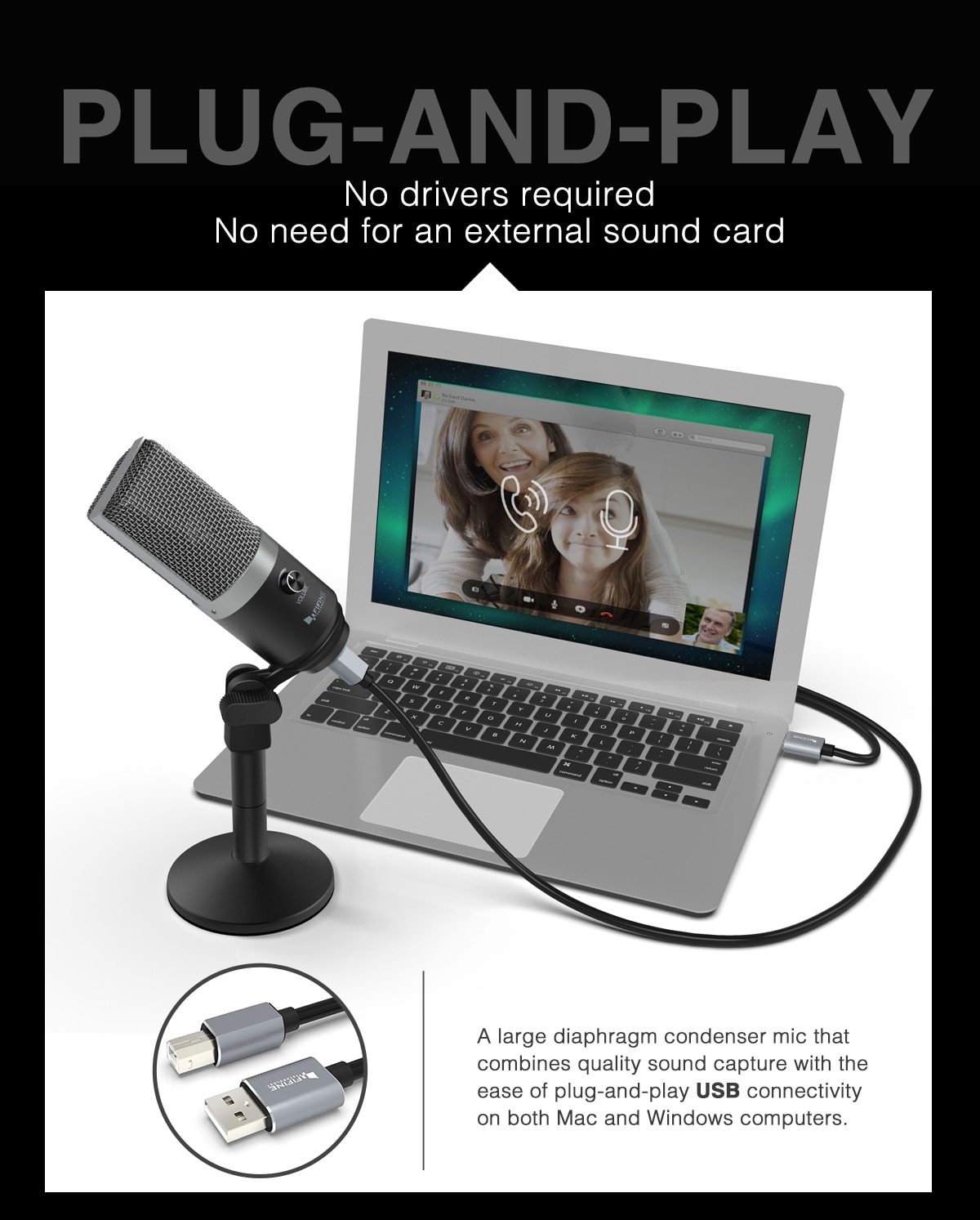 USB condenser microphone designed for professional recording, featuring a compact tabletop design and uni-directional polar pattern.
