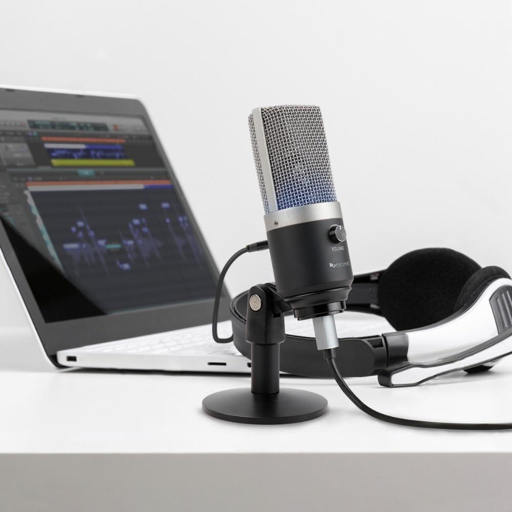 USB condenser microphone designed for professional recording, featuring a compact tabletop design and uni-directional polar pattern.