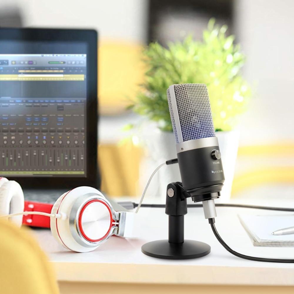 USB condenser microphone designed for professional recording, featuring a compact tabletop design and uni-directional polar pattern.